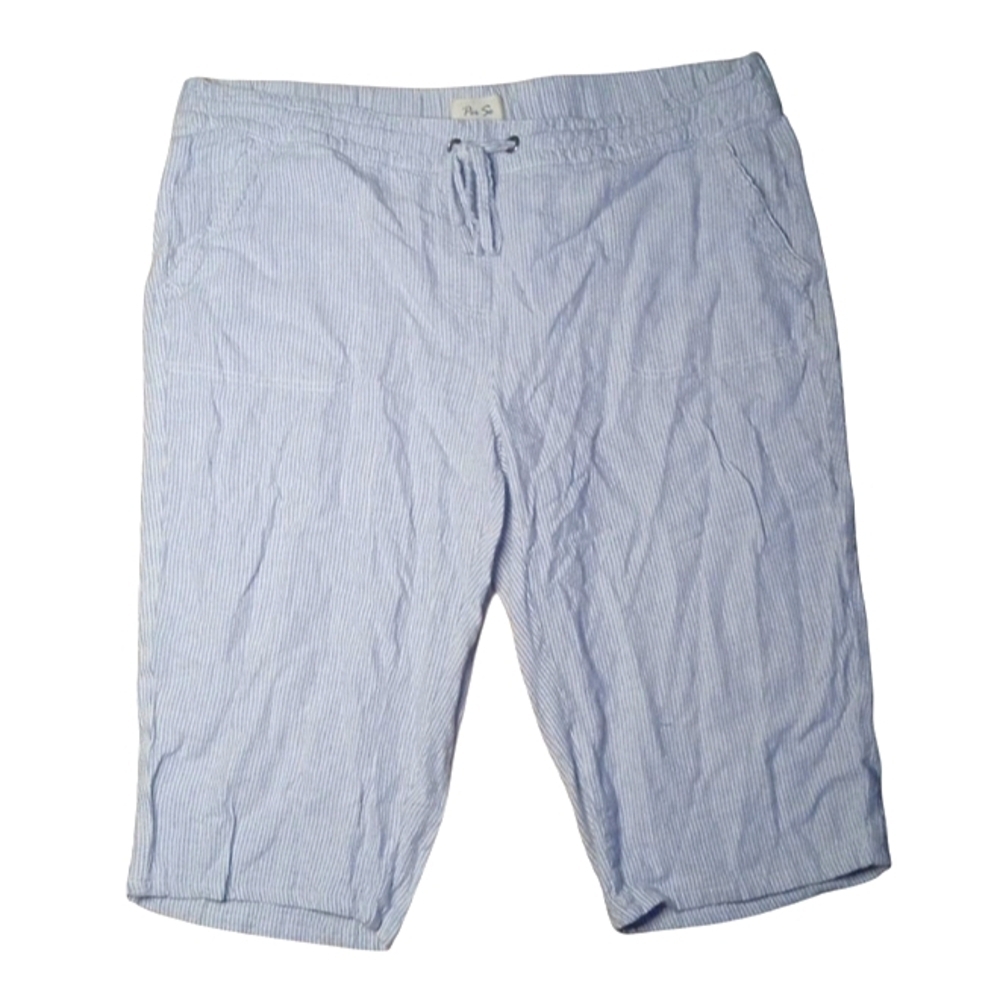 Per Se Blue White Pinstripe Linen Blend Knee Length Capri Shorts Size 1X